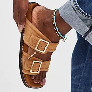 Free People FP Sage Square Toe Footbed Slides Roasted Pecan Leather Suede Sz 8.5